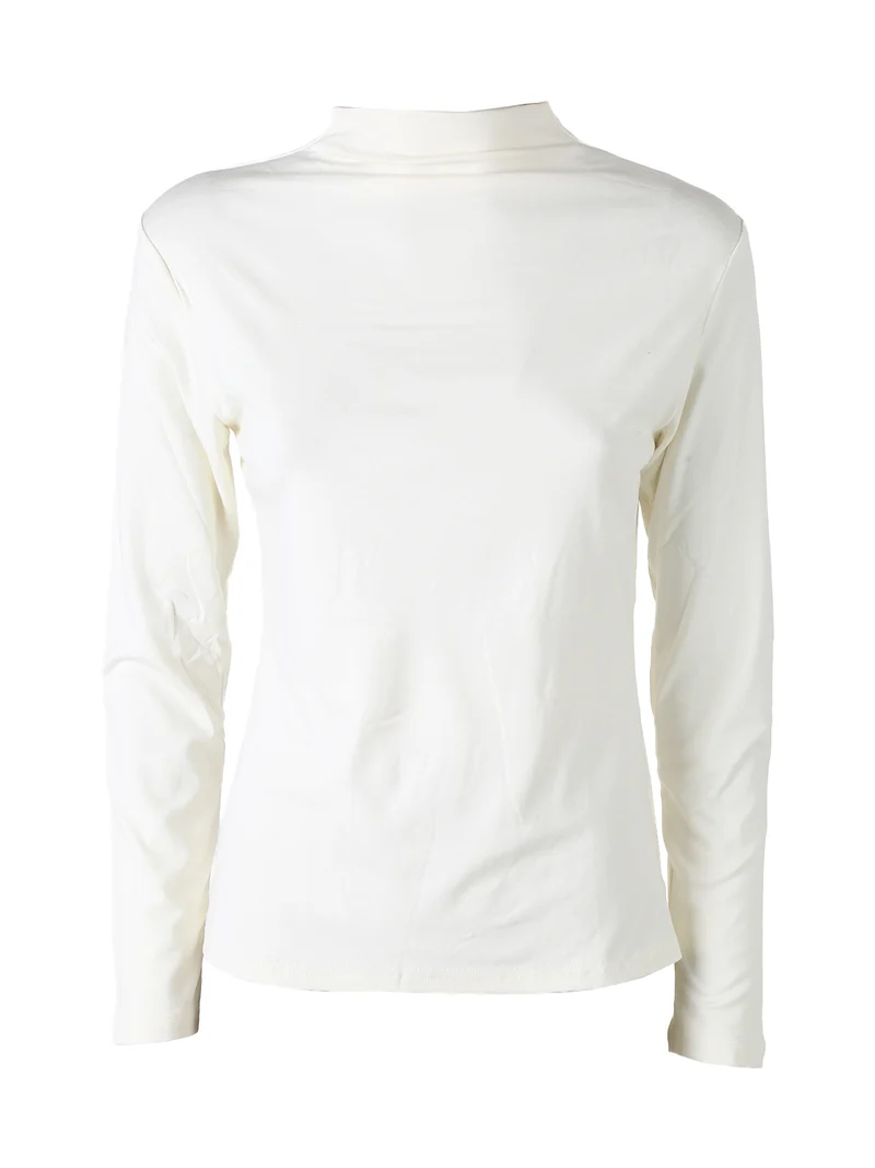 T-shirt donna a maniche lunghe in cotone con collo a lupetto - panna