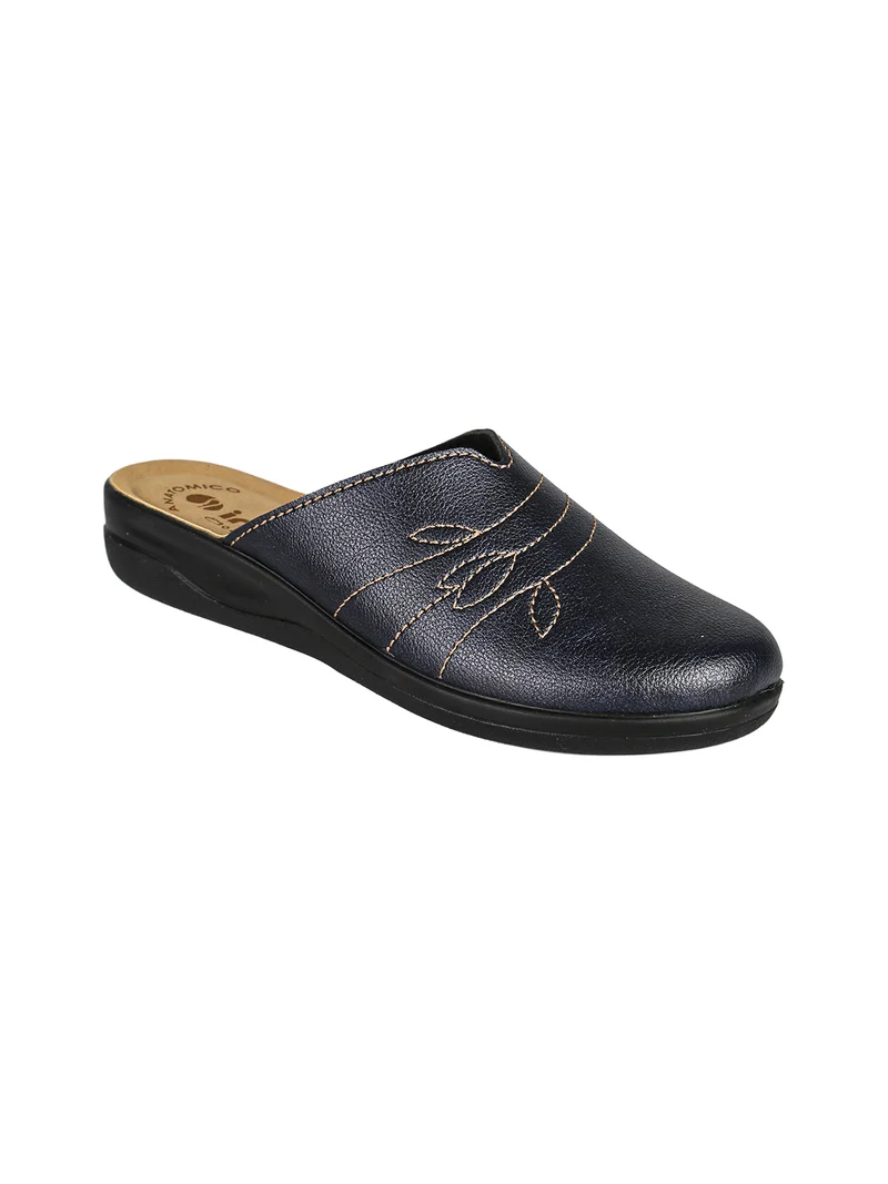 Pantofole donna in ecopelle con ricamo - blu scuro
