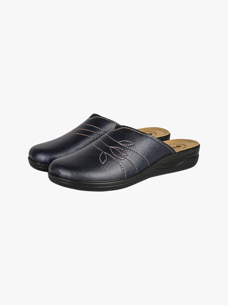 Pantofole donna in ecopelle con ricamo - blu scuro