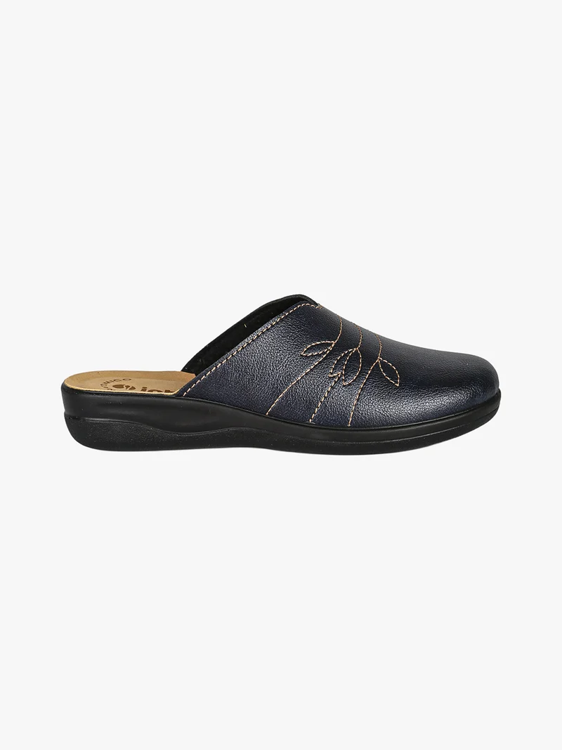 Pantofole donna in ecopelle con ricamo - blu scuro