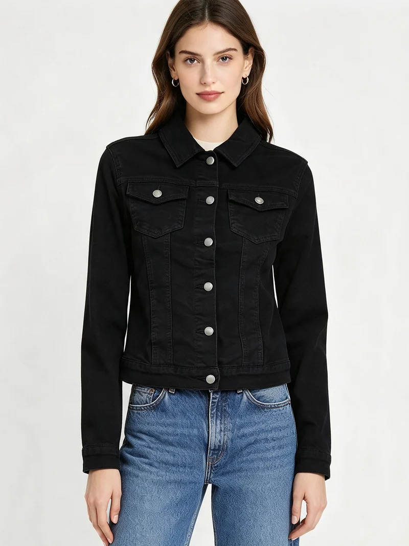 Giacca in jeans da donna con bottoni - nero