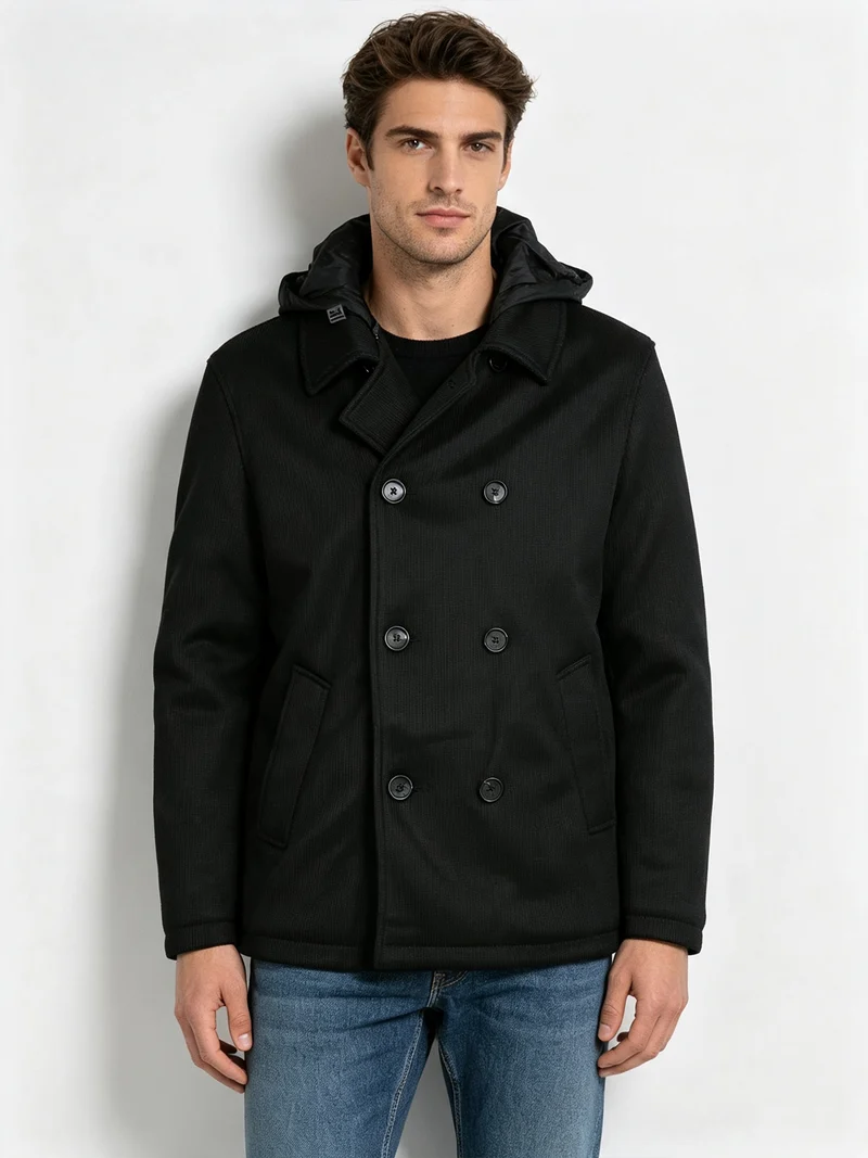 Cappotto da uomo con bottoni doppiopetto e cappuccio removibili - nero