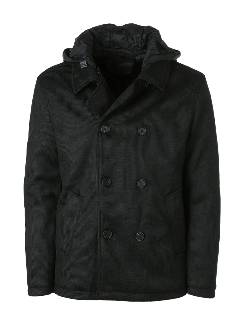 Cappotto da uomo con bottoni doppiopetto e cappuccio removibili - nero