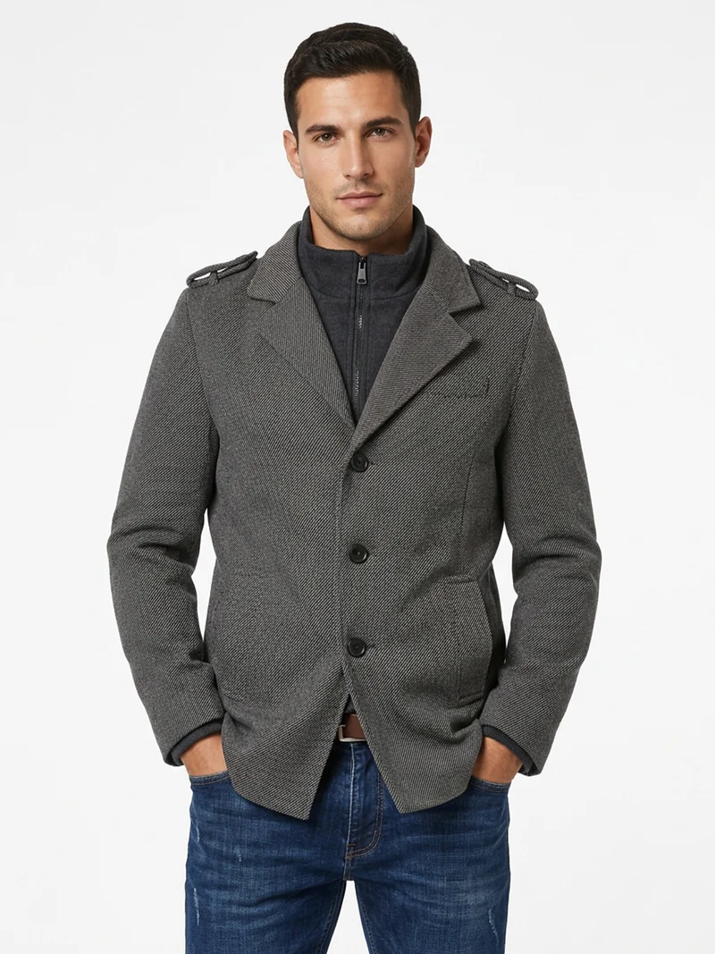 Cappotto da uomo con stampa spigata e interno in ciniglia - grigio scuro