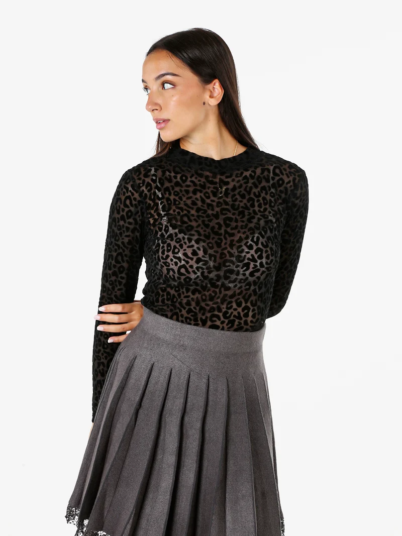 T-shirt donna a maniche lunghe con stampa maculata in velluto - nero