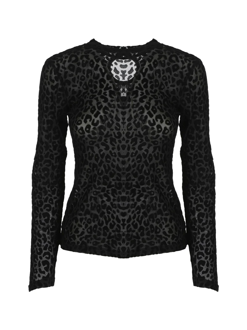 T-shirt donna a maniche lunghe con stampa maculata in velluto - nero