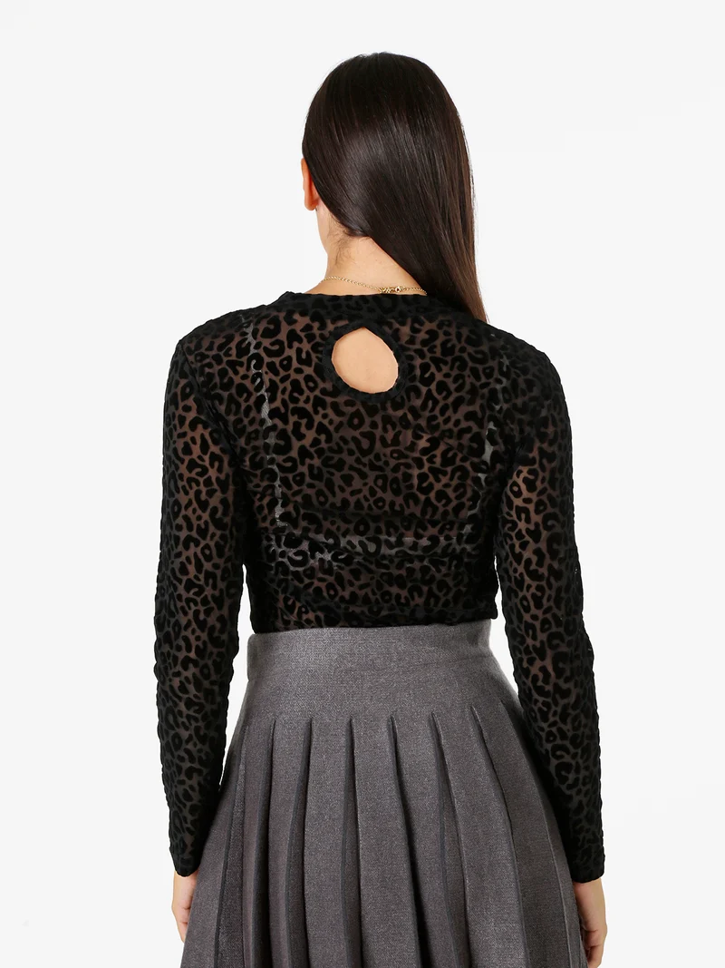 T-shirt donna a maniche lunghe con stampa maculata in velluto - nero