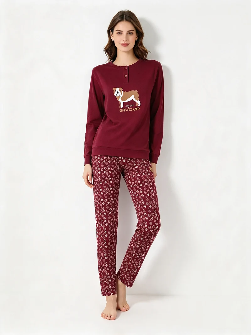 Pigiama lungo da donna in caldo cotone soft con stampa disegni - bordeaux