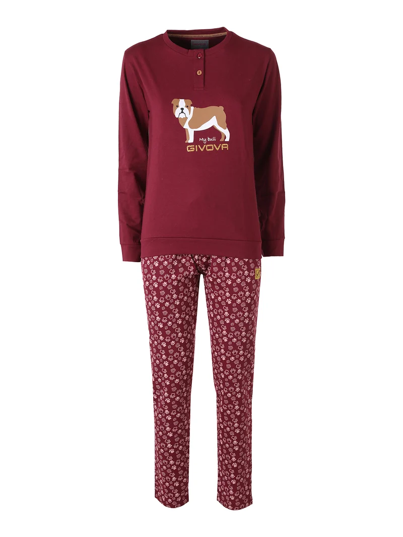 Pigiama lungo da donna in caldo cotone soft con stampa disegni - bordeaux