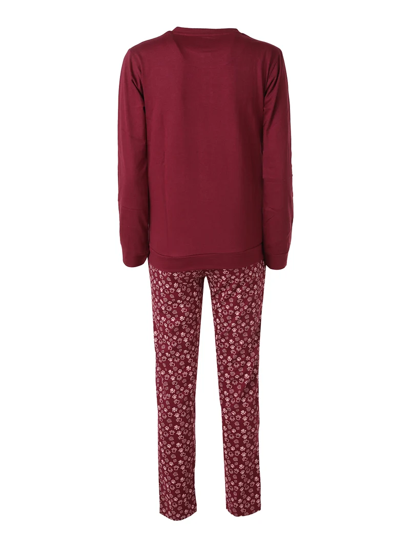 Pigiama lungo da donna in caldo cotone soft con stampa disegni - bordeaux