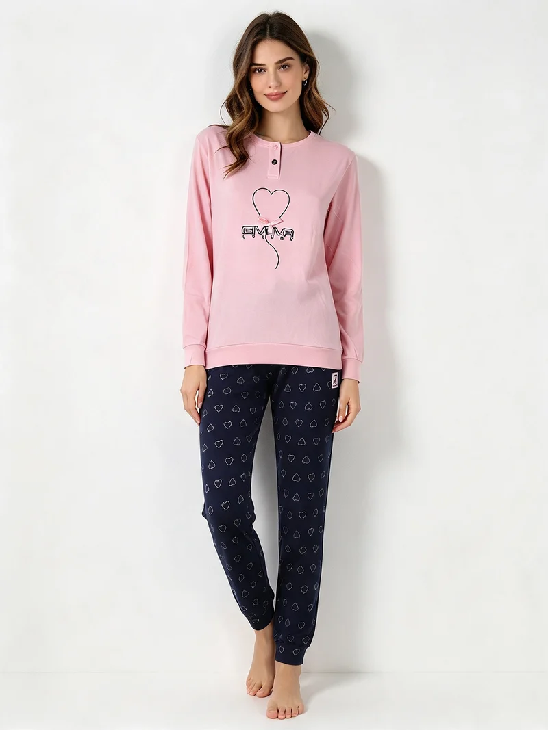 Pigiama lungo da donna in caldo cotone soft con stampa cuori - rosa