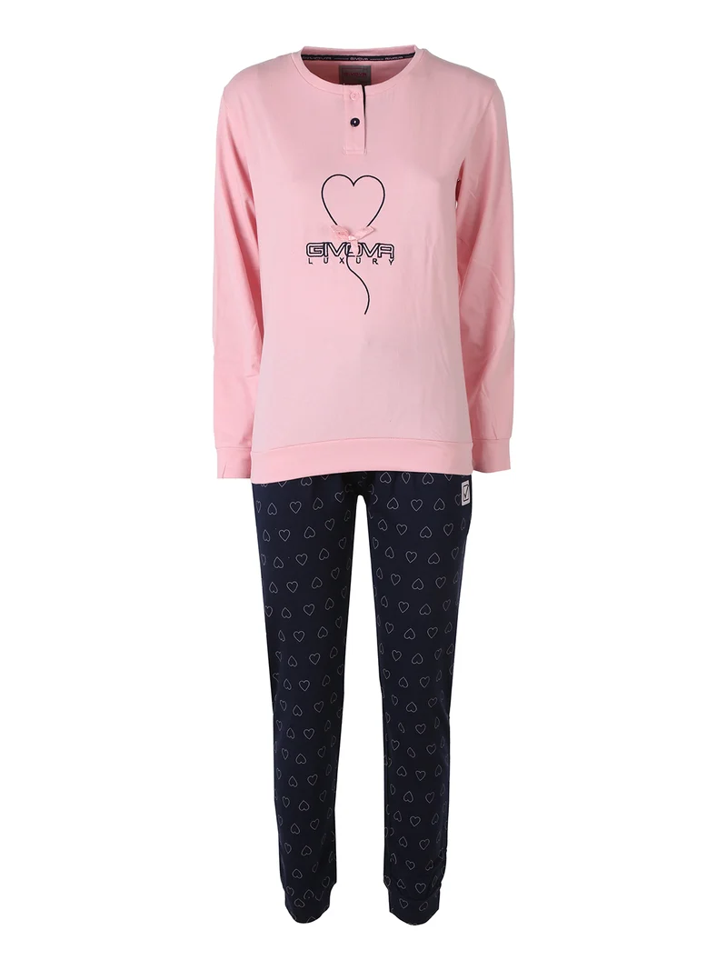 Pigiama lungo da donna in caldo cotone soft con stampa cuori - rosa