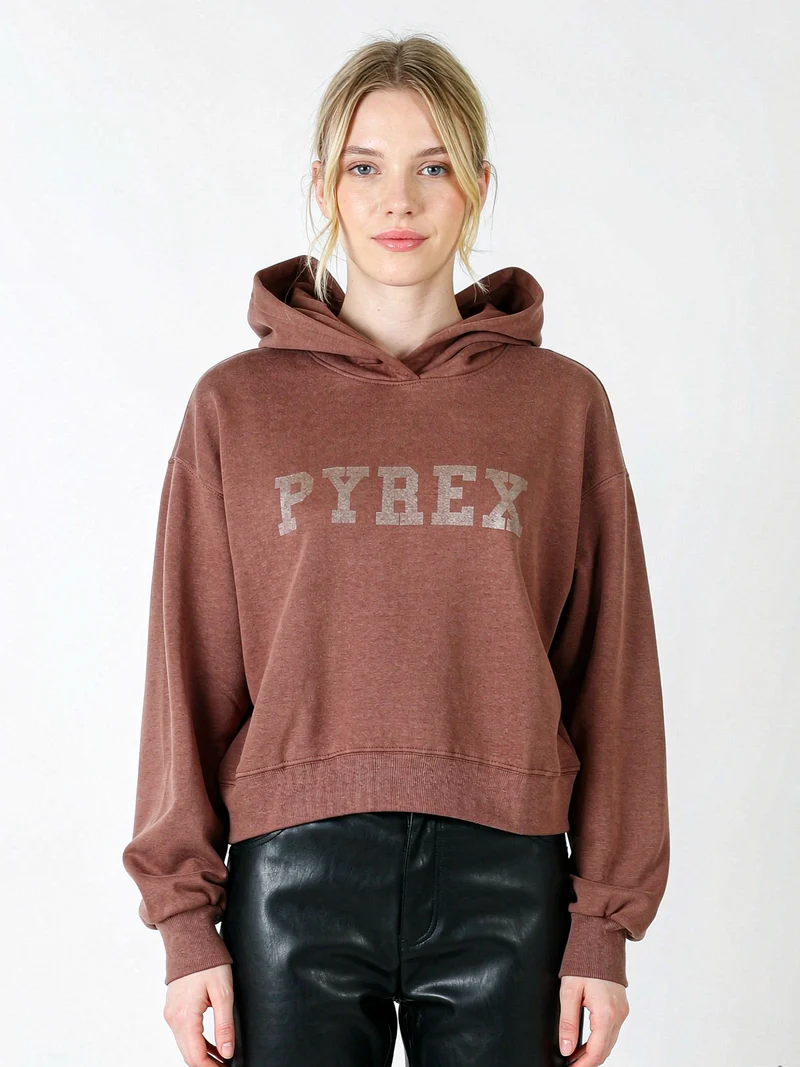 Felpa donna con cappuccio e spalle cadenti con stampa logo glitter - moro