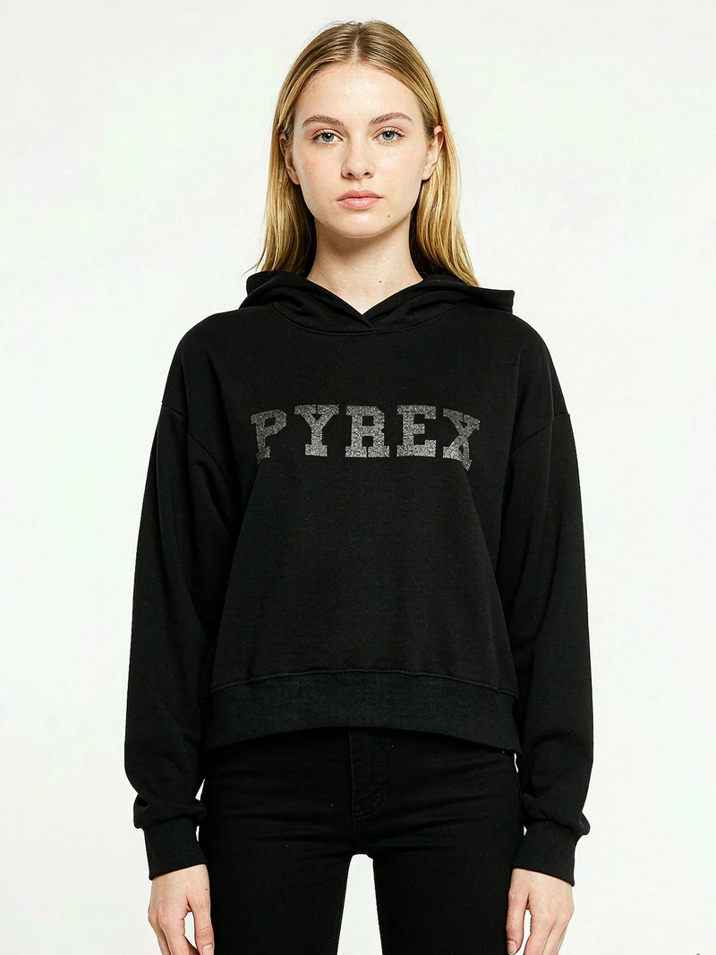 Felpa donna con cappuccio e spalle cadenti con stampa logo glitter - nero