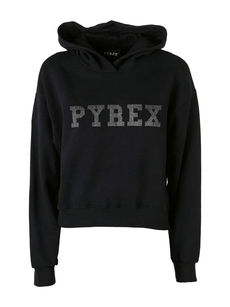 Felpa donna con cappuccio e spalle cadenti con stampa logo glitter - nero