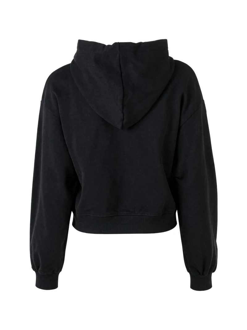 Felpa donna con cappuccio e spalle cadenti con stampa logo glitter - nero