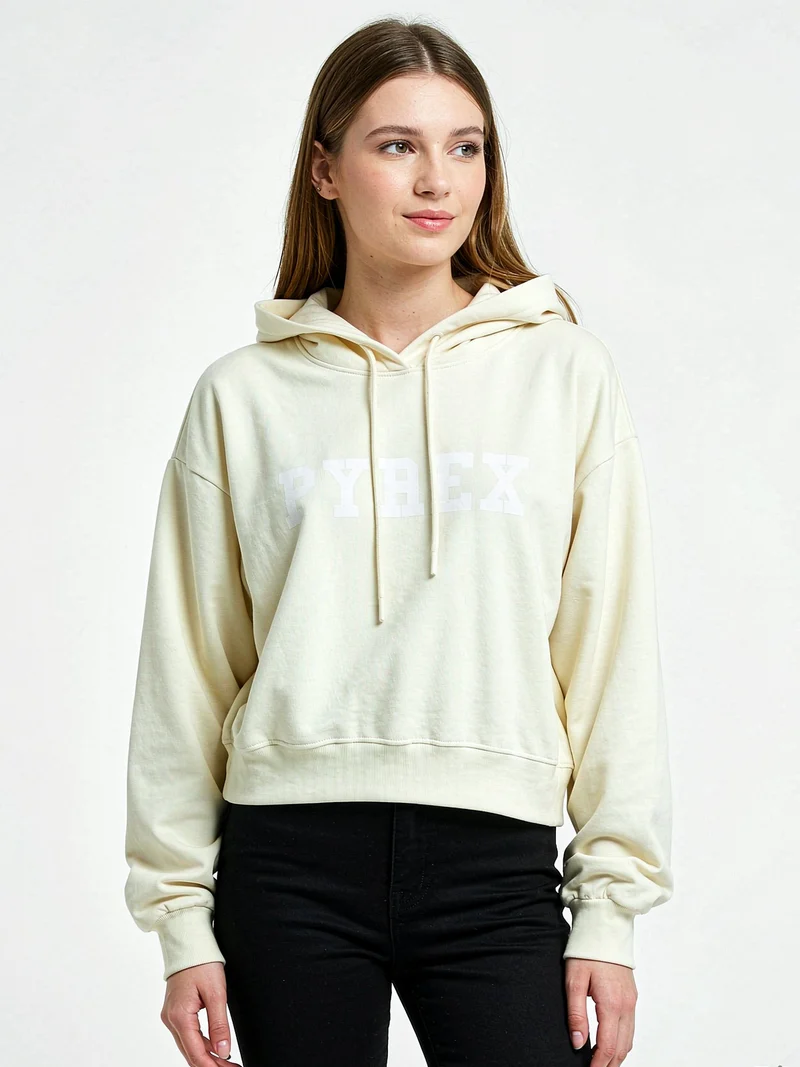 Felpa donna con cappuccio e spalle cadenti con stampa logo glitter - panna