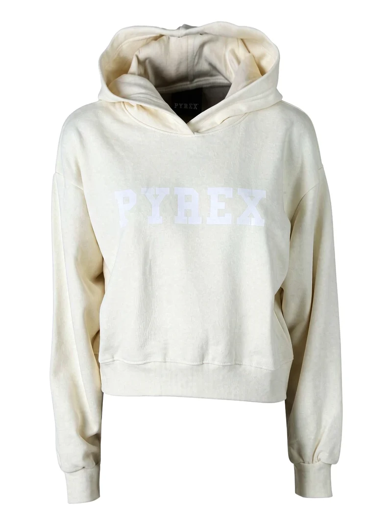 Felpa donna con cappuccio e spalle cadenti con stampa logo glitter - panna