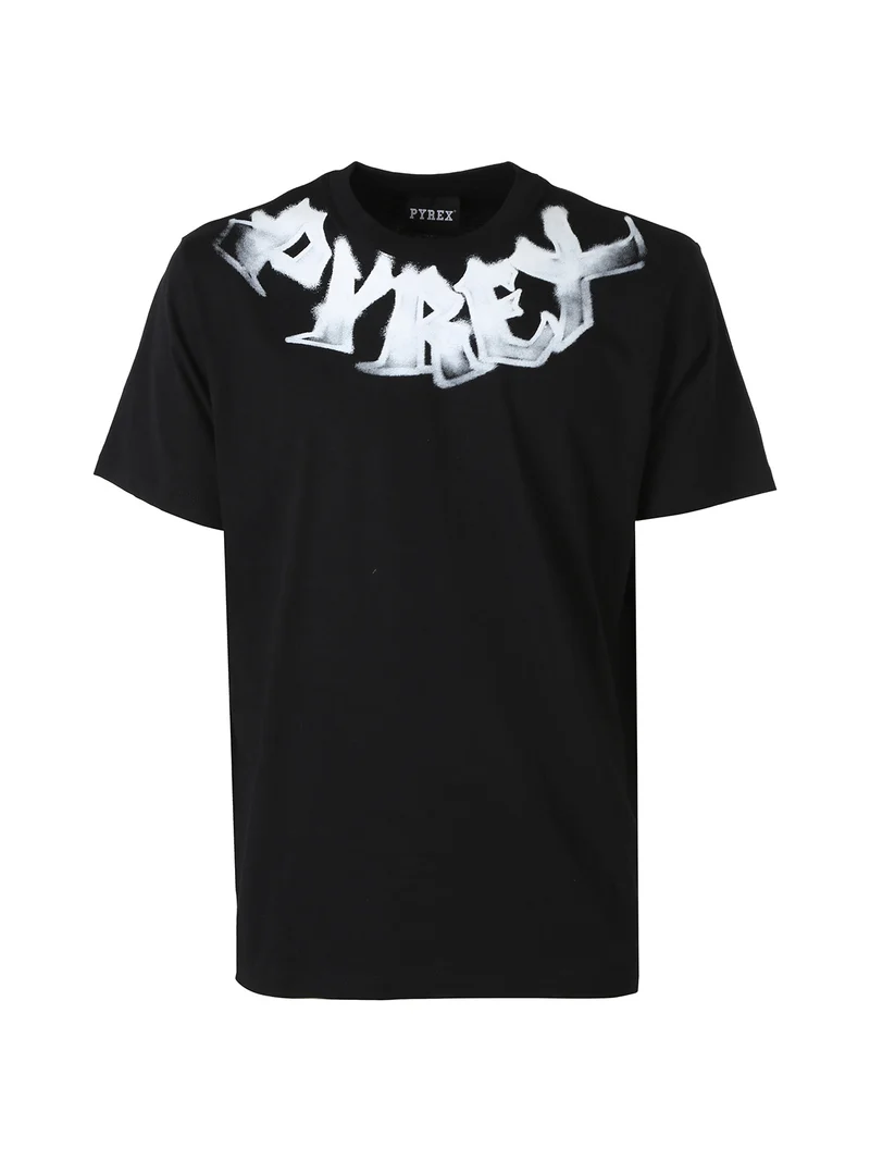 T-shirt da uomo in cotone con stampa logo sullo scollo - nero