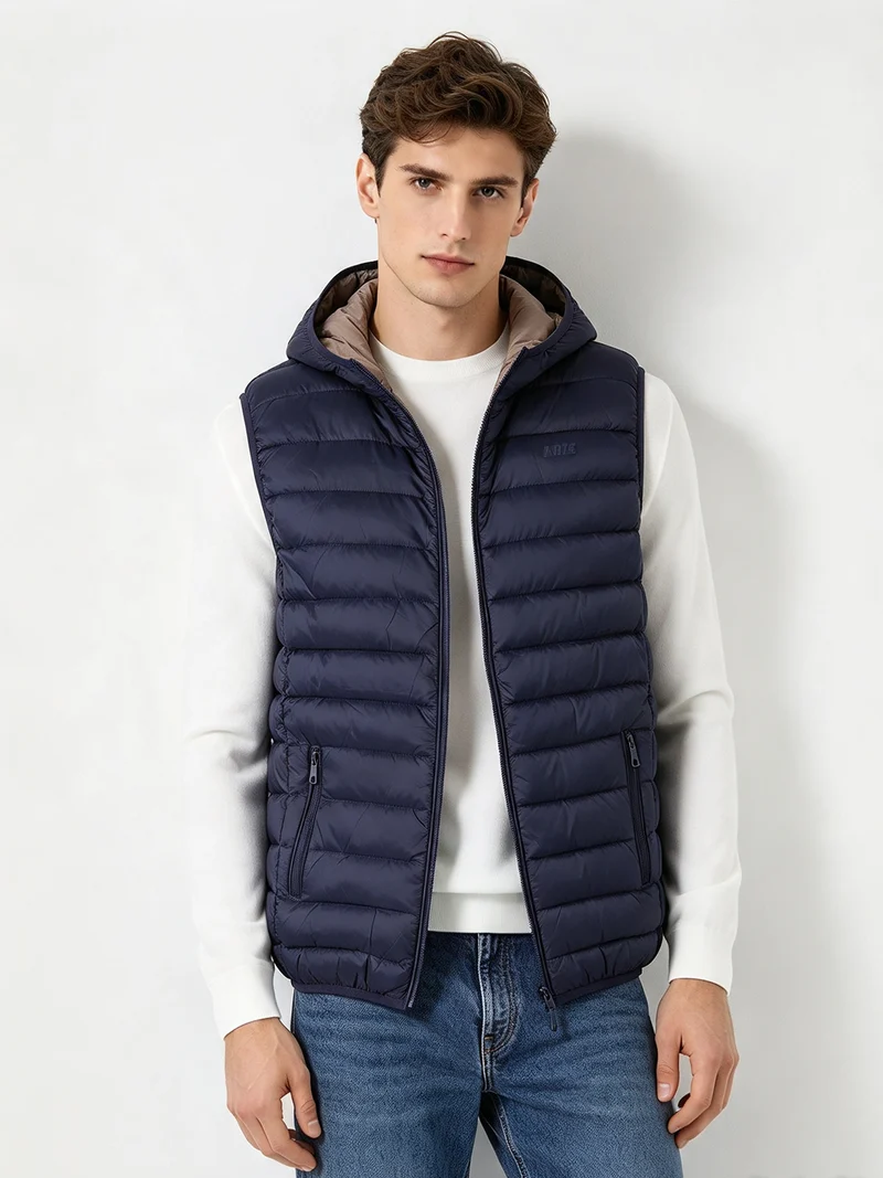 Gilet imbottito da uomo con cappuccio e zip - blu scuro
