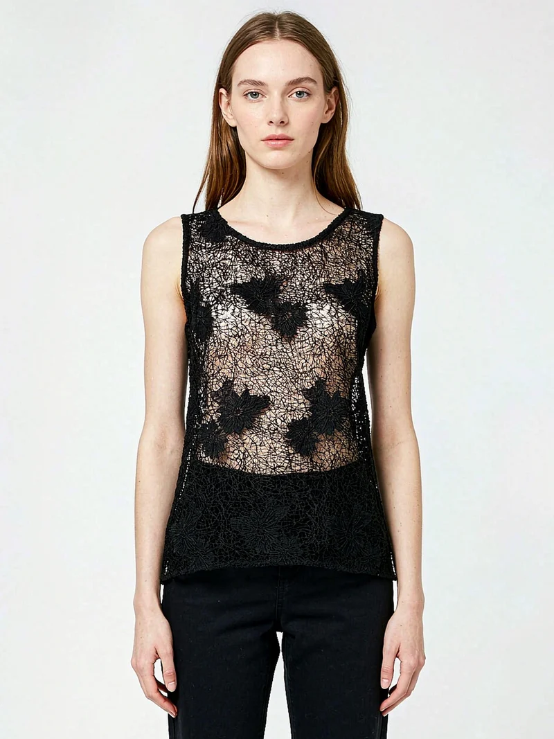 Top donna smanicato in pizzo - nero