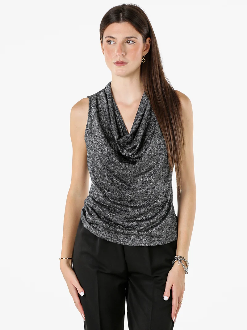 Top donna lurex con scollo a cascata - argento