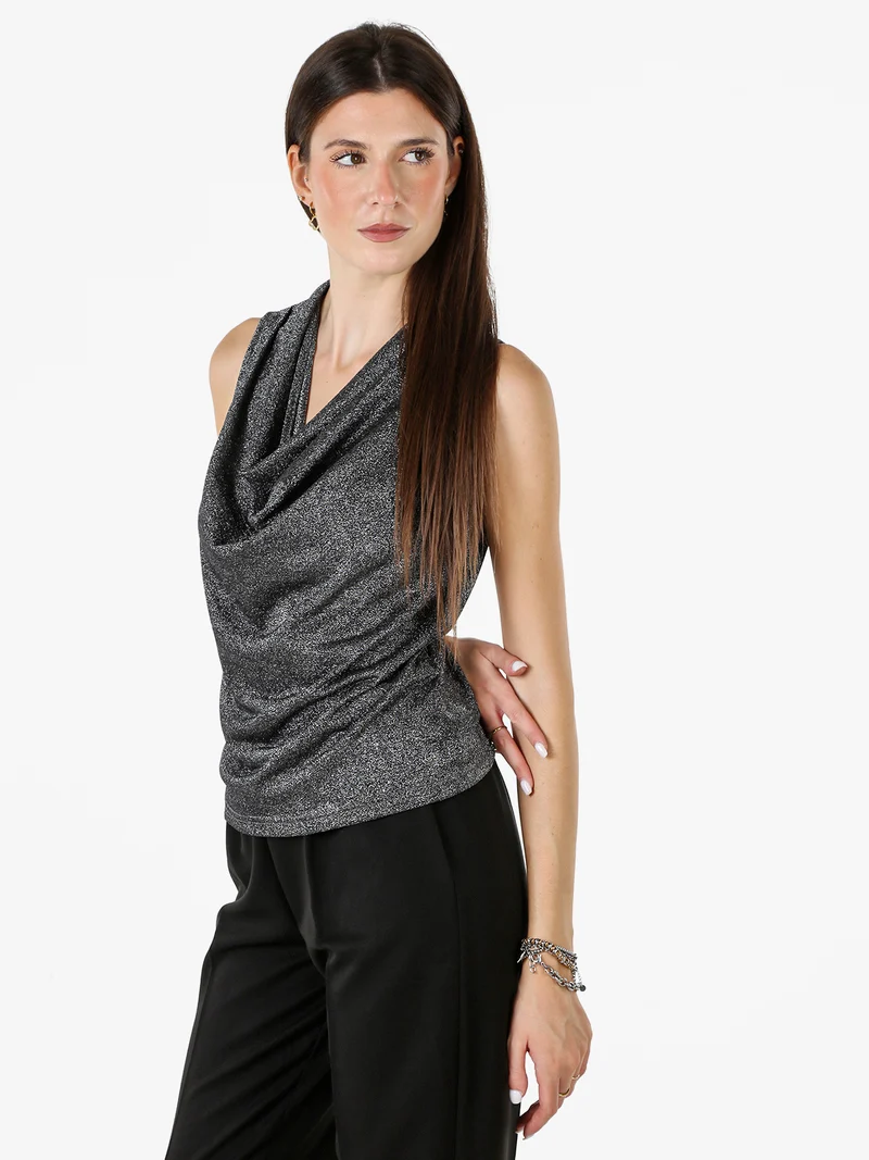 Top donna lurex con scollo a cascata - argento