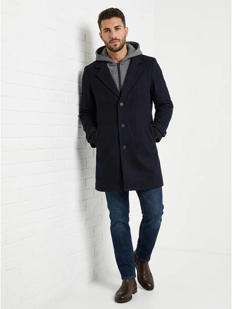 Cappotto da uomo in misto lana con pettorina removibile con cappuccio - blu scuro