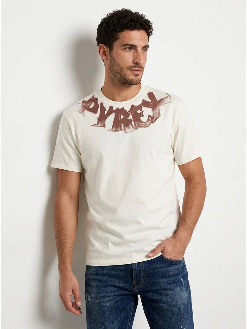 T-shirt da uomo in cotone con stampa logo sullo scollo - panna