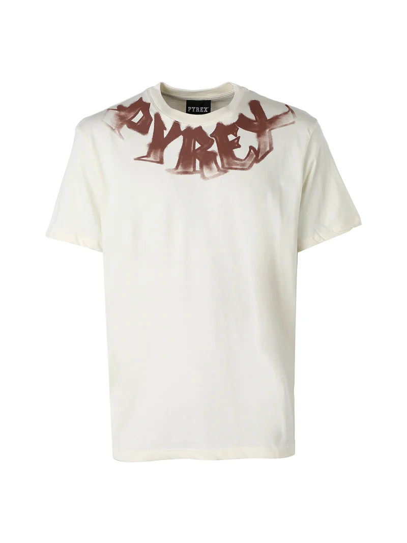 T-shirt da uomo in cotone con stampa logo sullo scollo - panna