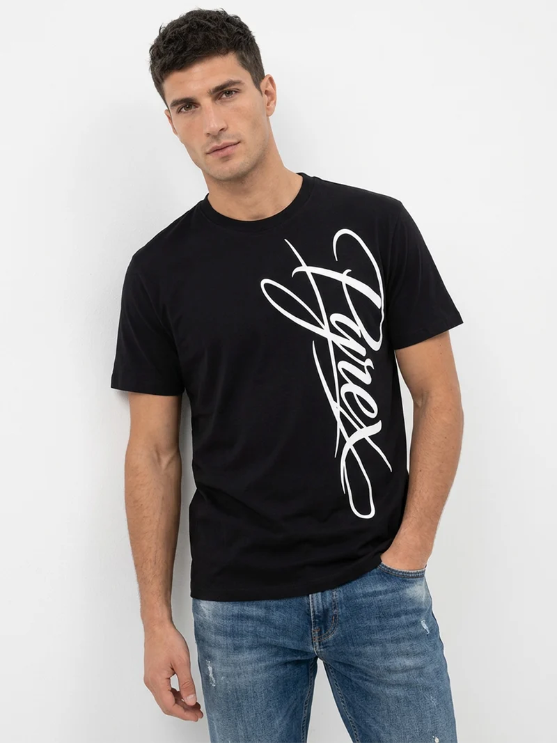 T-shirt da uomo in cotone con logo e scollo tondo - nero