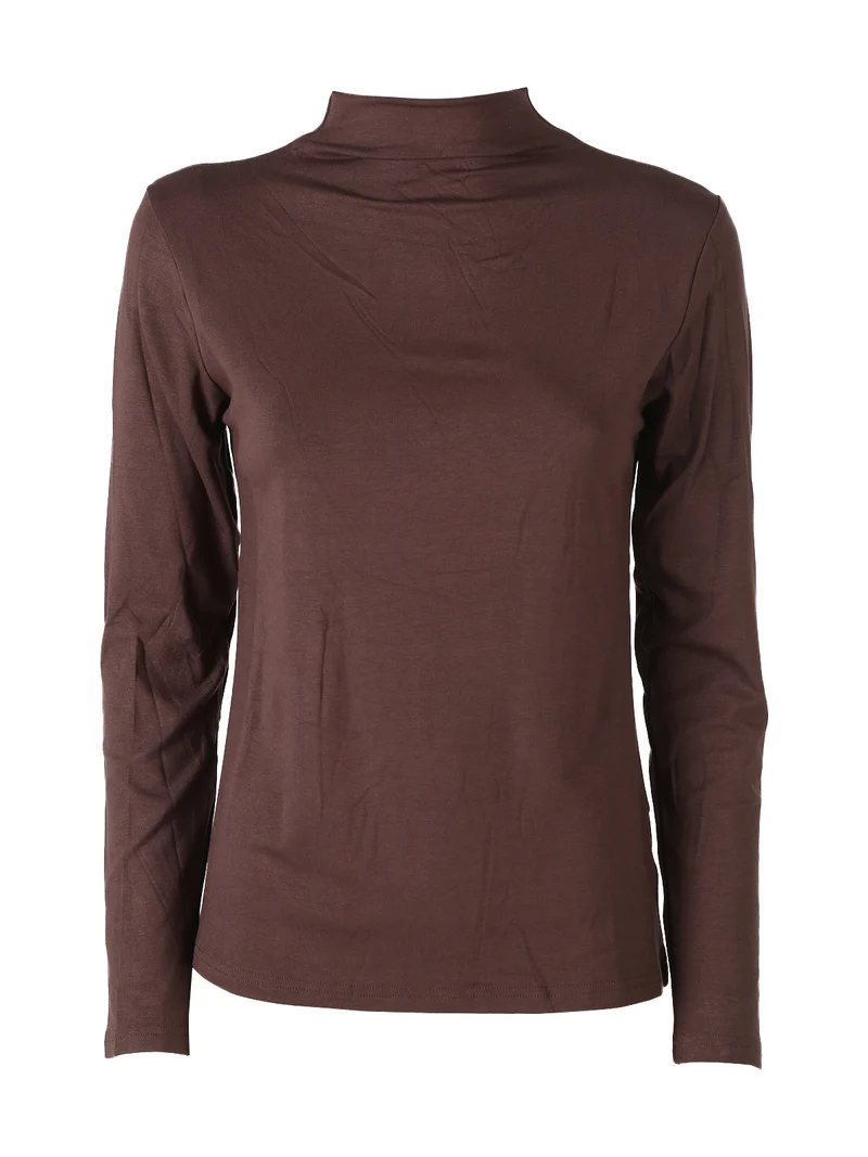 T-shirt donna a maniche lunghe in cotone con collo a lupetto - moro