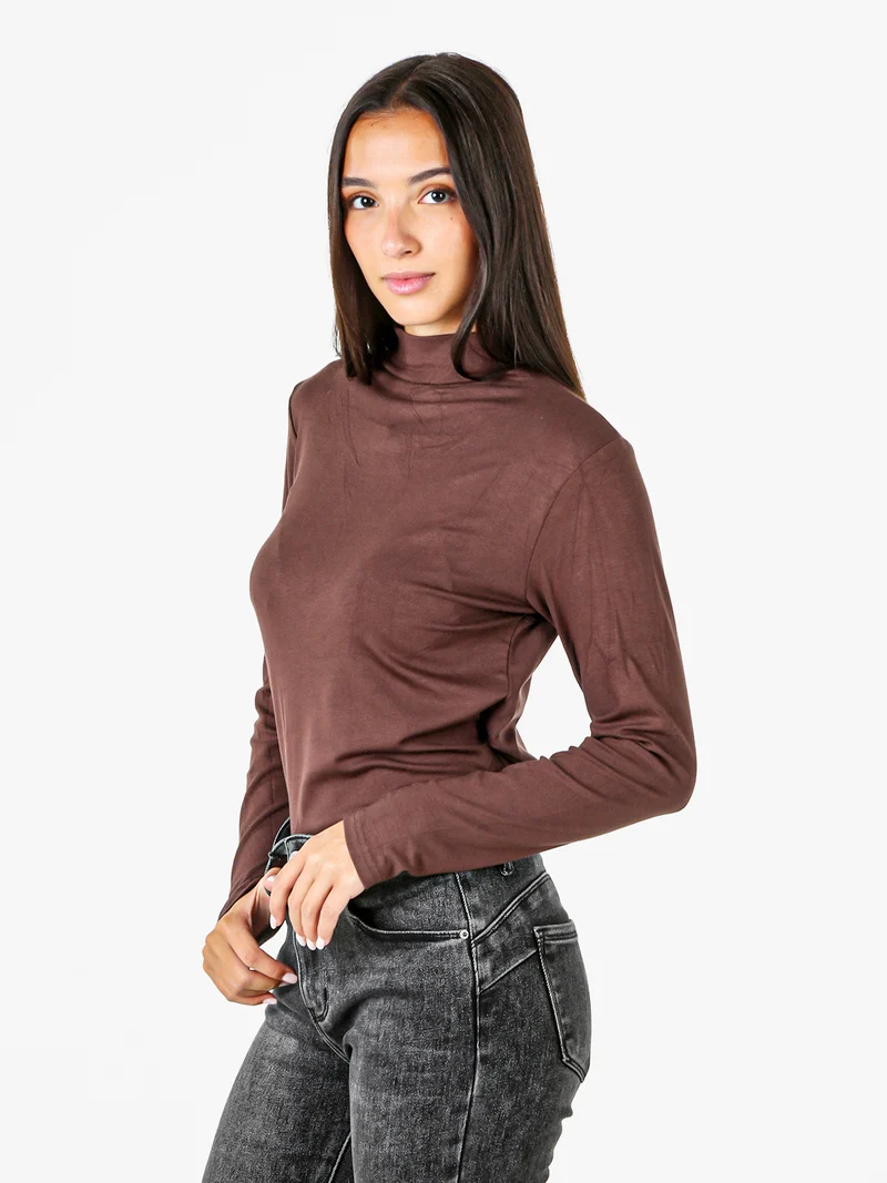 T-shirt donna a maniche lunghe in cotone con collo a lupetto - moro