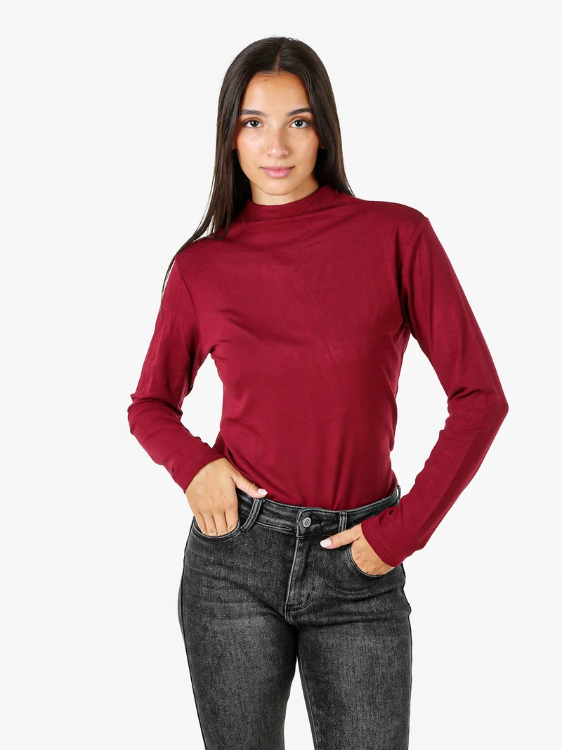 T-shirt donna a maniche lunghe in cotone con collo a lupetto - bordeaux