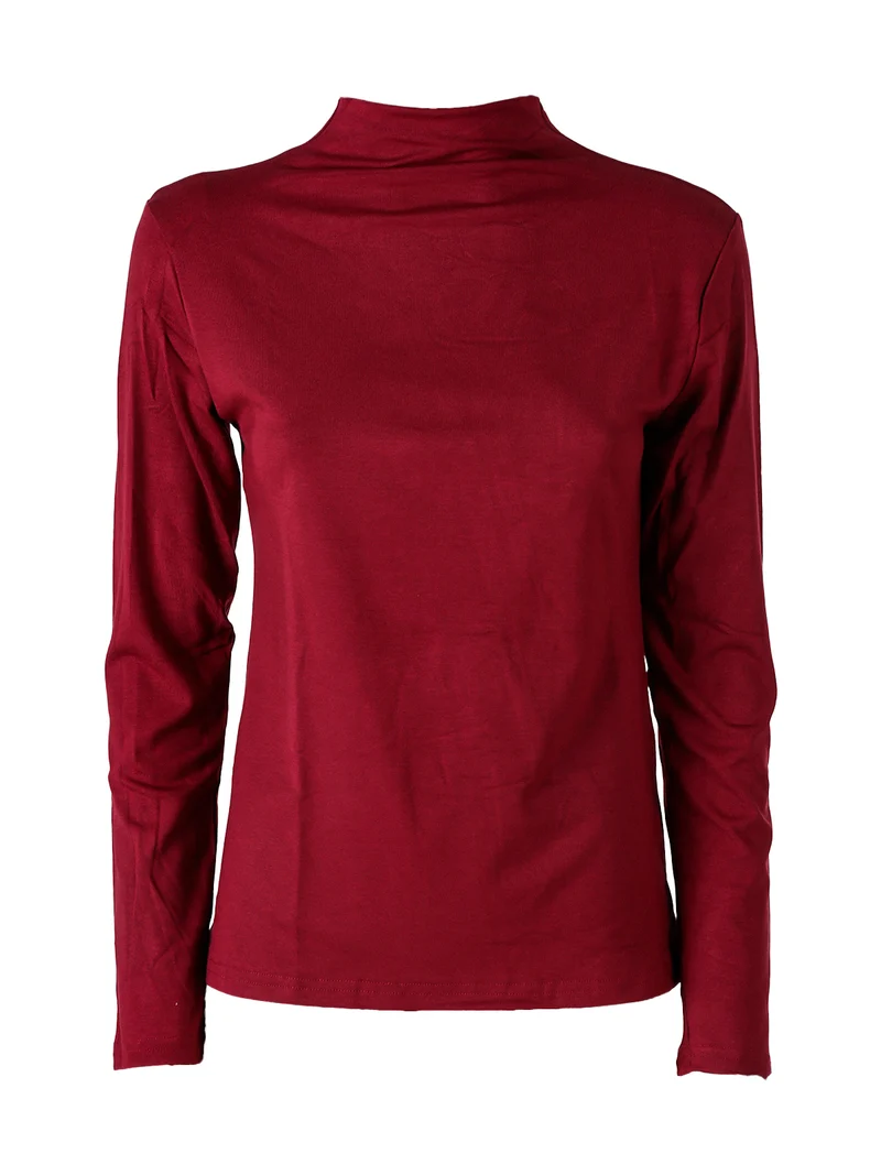 T-shirt donna a maniche lunghe in cotone con collo a lupetto - bordeaux