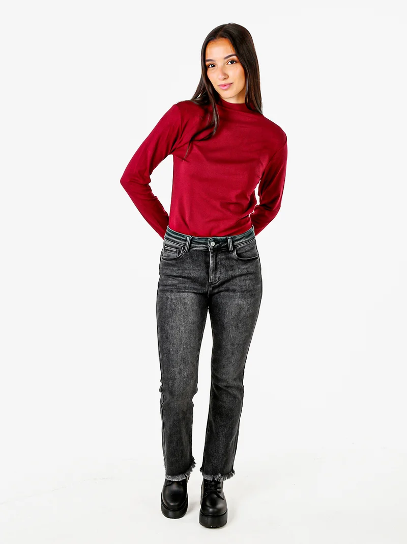 T-shirt donna a maniche lunghe in cotone con collo a lupetto - bordeaux