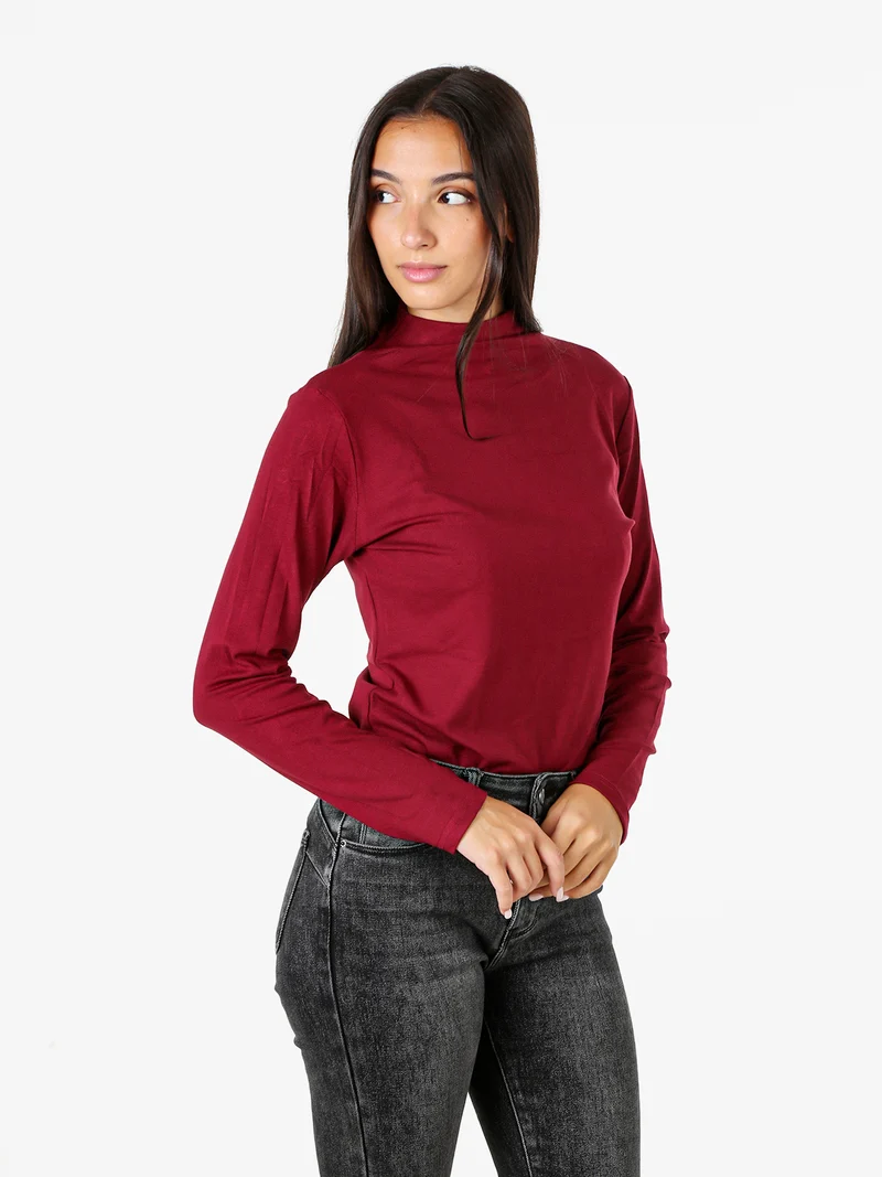 T-shirt donna a maniche lunghe in cotone con collo a lupetto - bordeaux