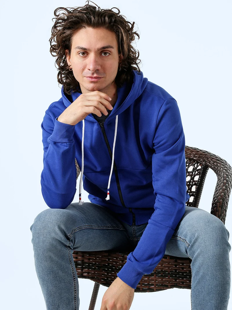 Felpa da uomo con cappuccio e zip in cotone - blu