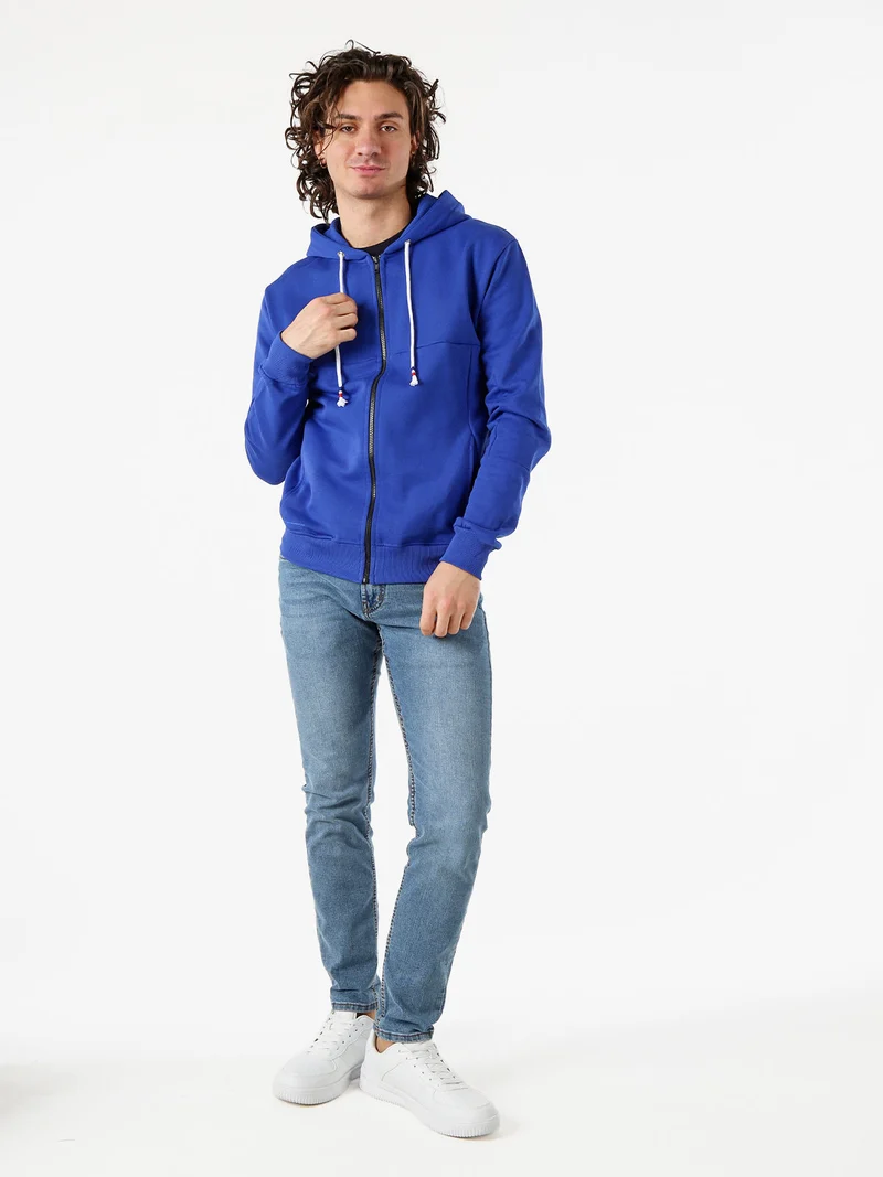 Felpa da uomo con cappuccio e zip in cotone - blu