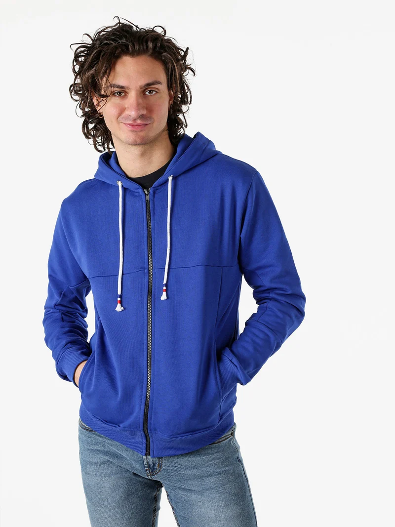 Felpa da uomo con cappuccio e zip in cotone - blu