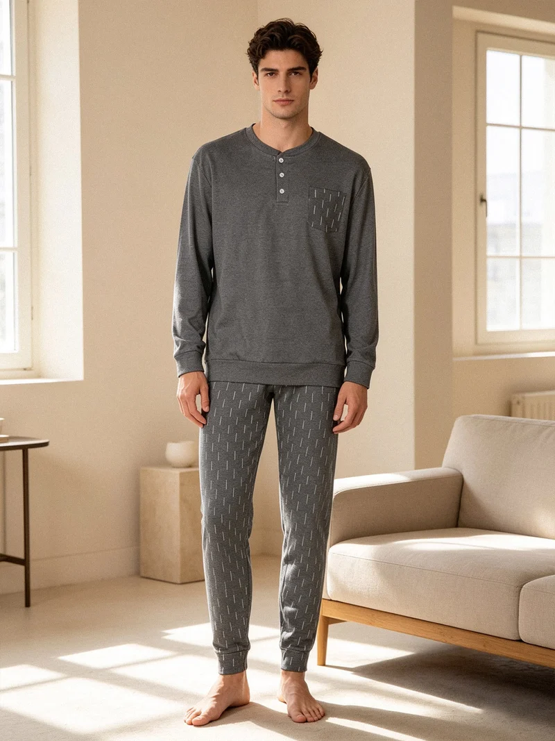 Pigiama lungo da uomo in cotone interlock con taschino - grigio
