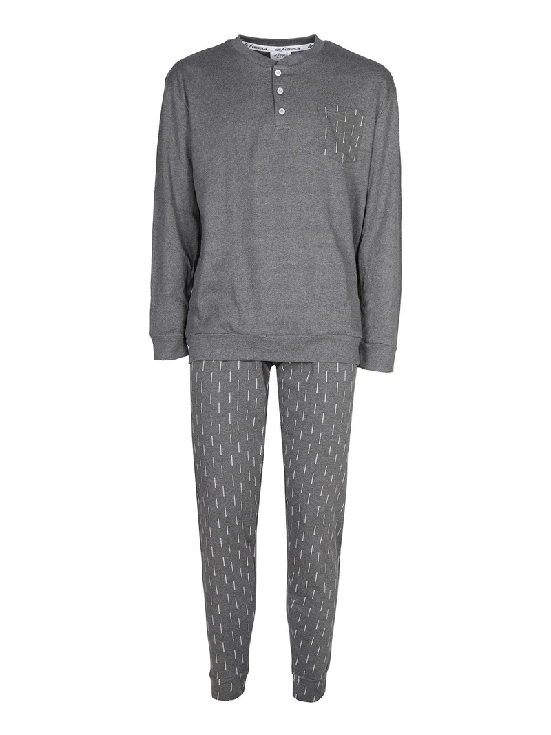 Pigiama lungo da uomo in cotone interlock con taschino - grigio
