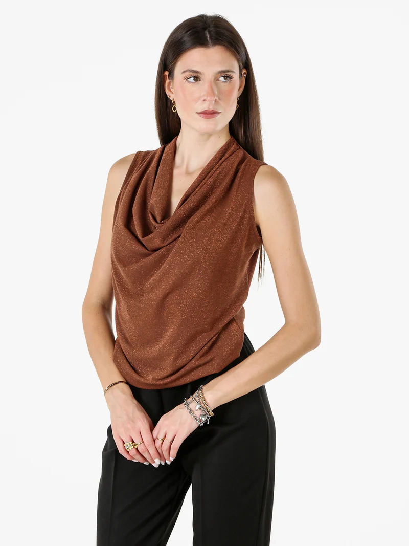 Top donna lurex con scollo a cascata - cuoio