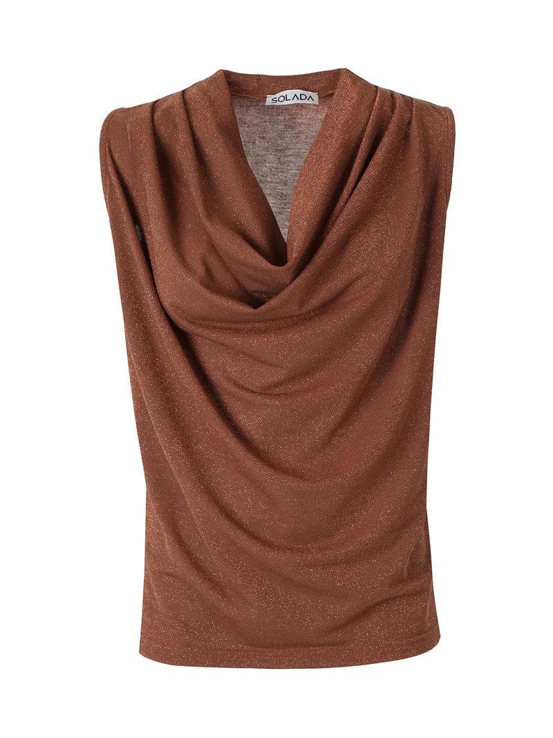 Top donna lurex con scollo a cascata - cuoio