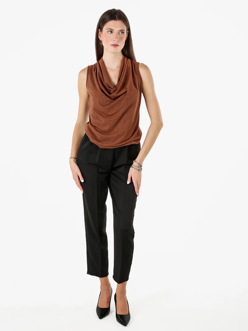 Top donna lurex con scollo a cascata - cuoio