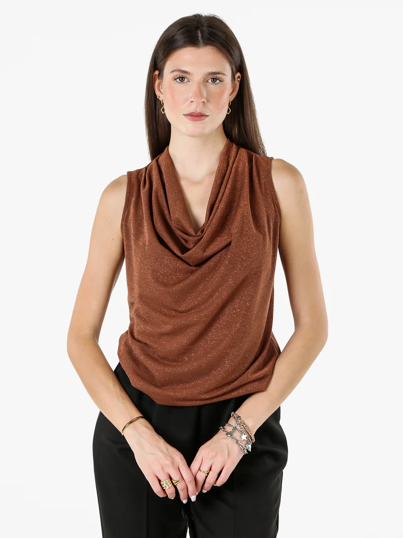 Top donna lurex con scollo a cascata - cuoio