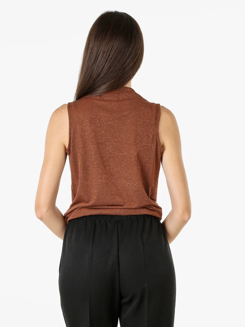 Top donna lurex con scollo a cascata - cuoio