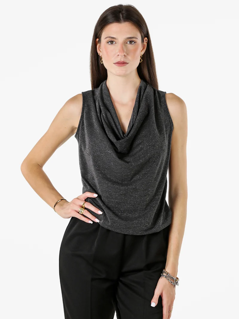 Top donna lurex con scollo a cascata - nero