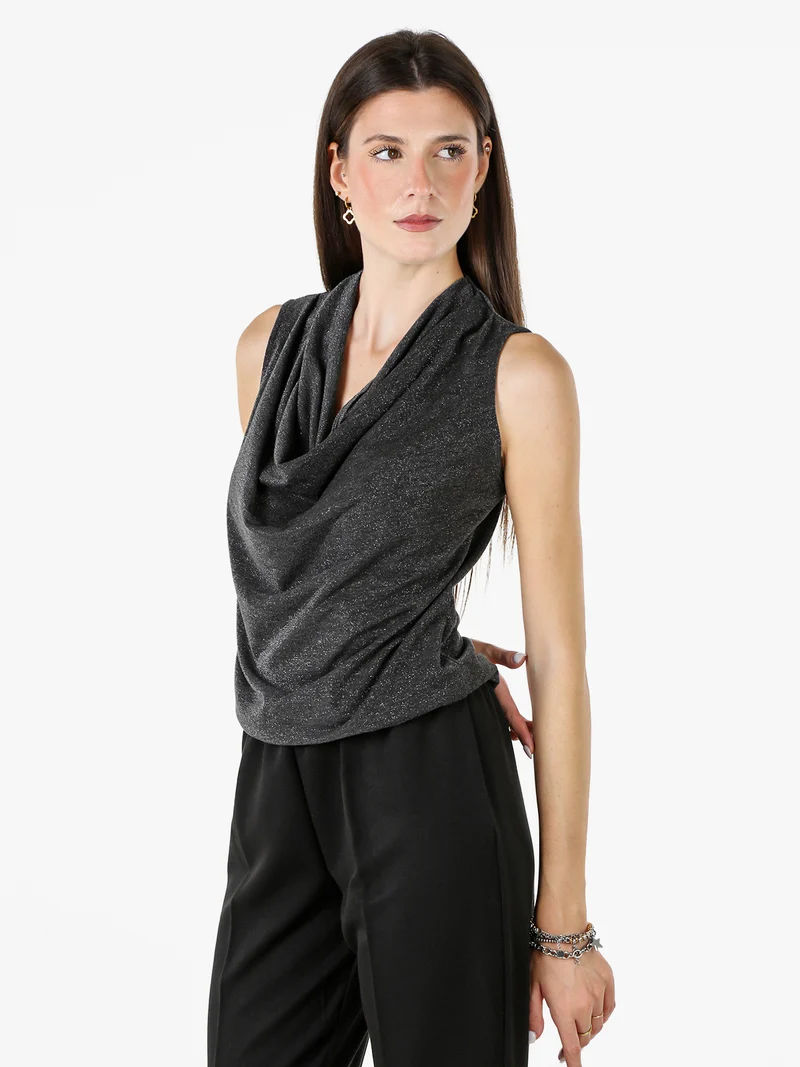 Top donna lurex con scollo a cascata - nero