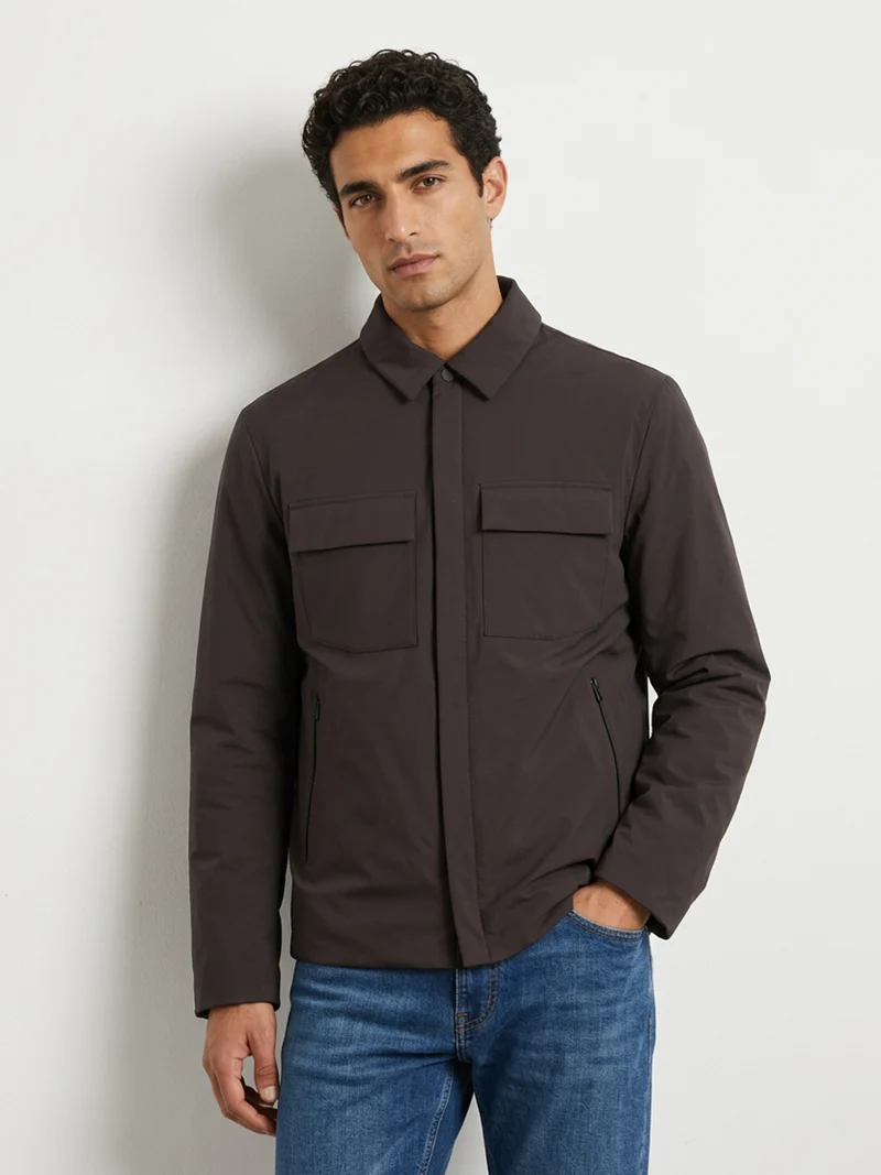 Cappotto corto da uomo impermeabile con colletto e bottoni - moro